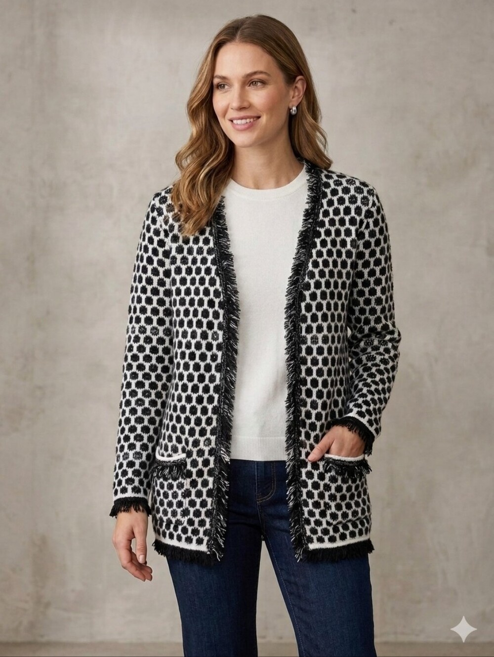 KEREN HART Cardigan, Black and White with Fringe Detail, Size Medium